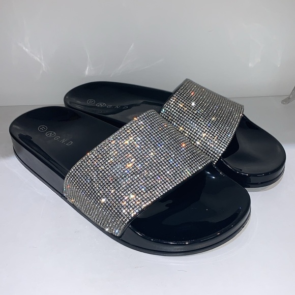 RHINESTONE BLACK SLIDES - Picture 4 of 7